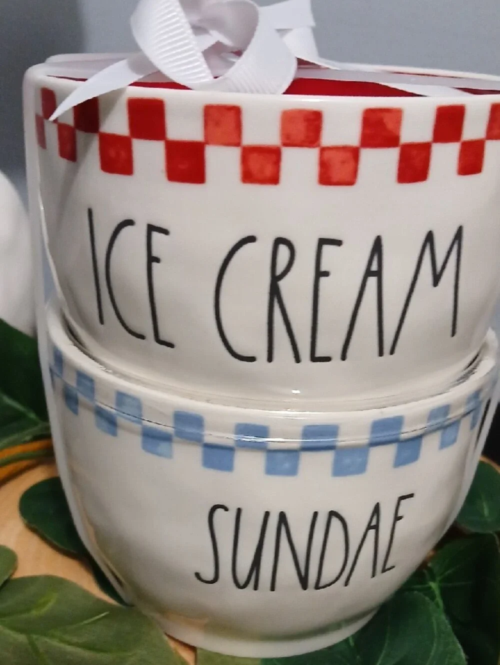 Rae Dunn White Ceramic Ice Cream & Sundae Stackable Bowls with Red and Blue Trim